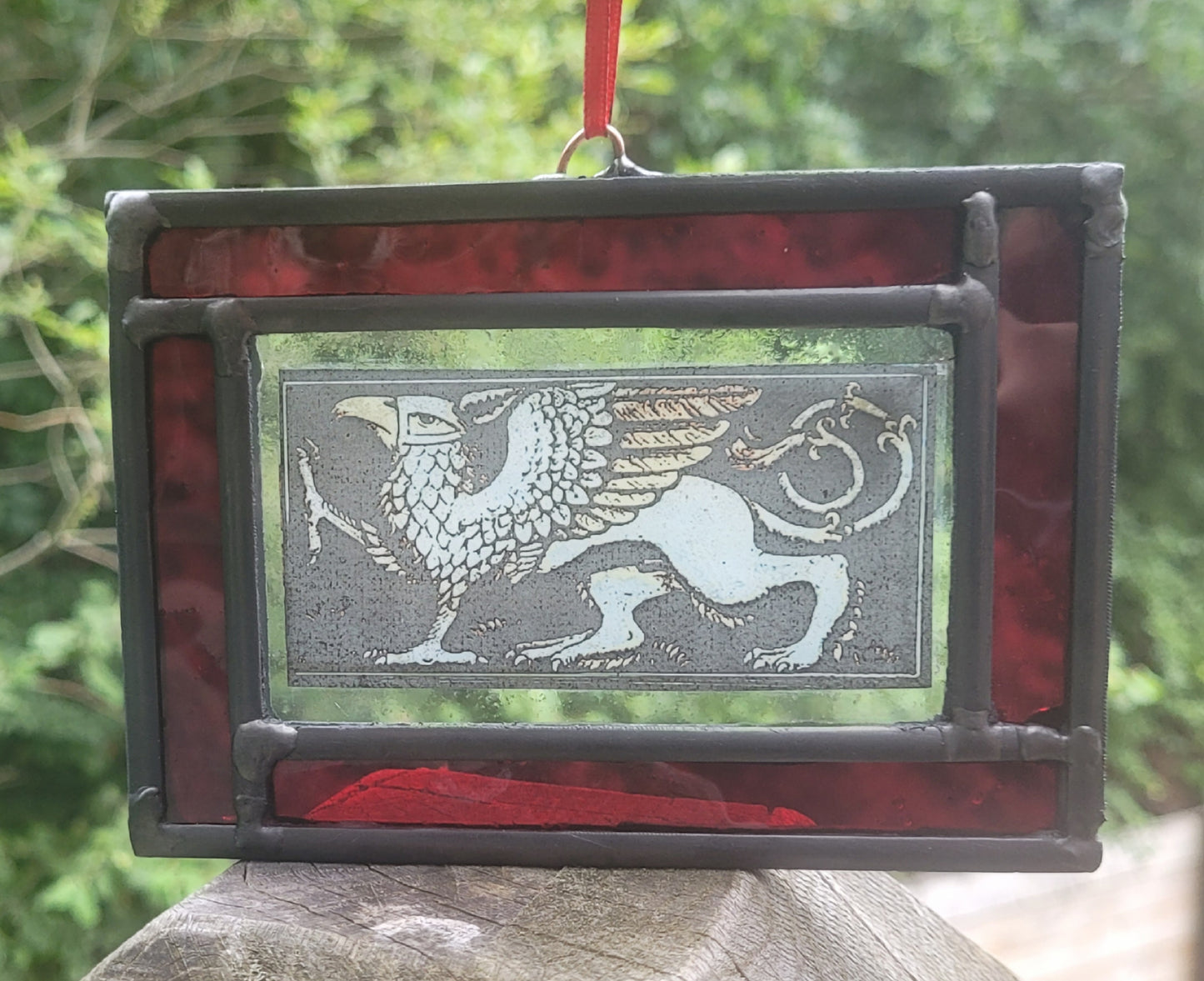 Griffin stained glass panel traditionally made blue border - gryphon fantasy art