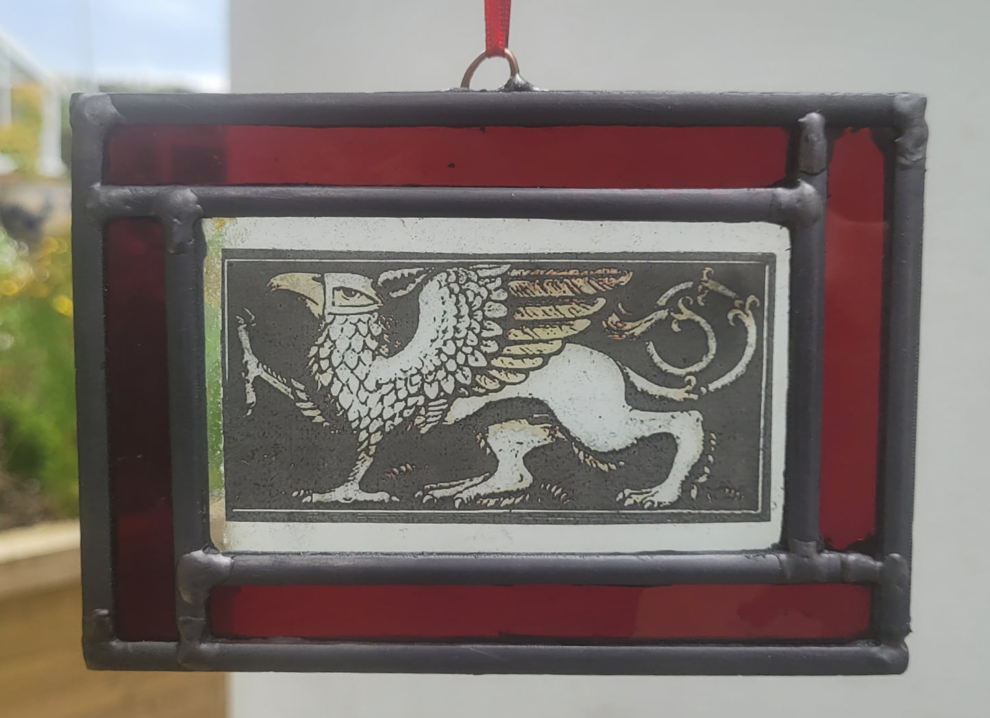 Griffin stained glass panel traditionally made blue border - gryphon fantasy art