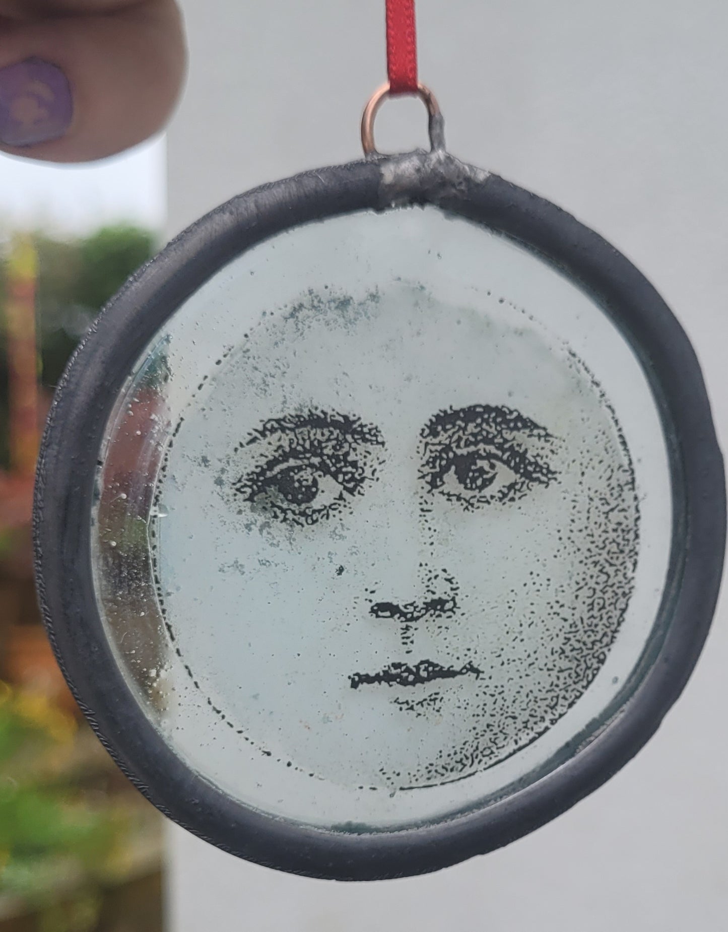 Hanging stained glass moon face panel traditionally made - fantasy art