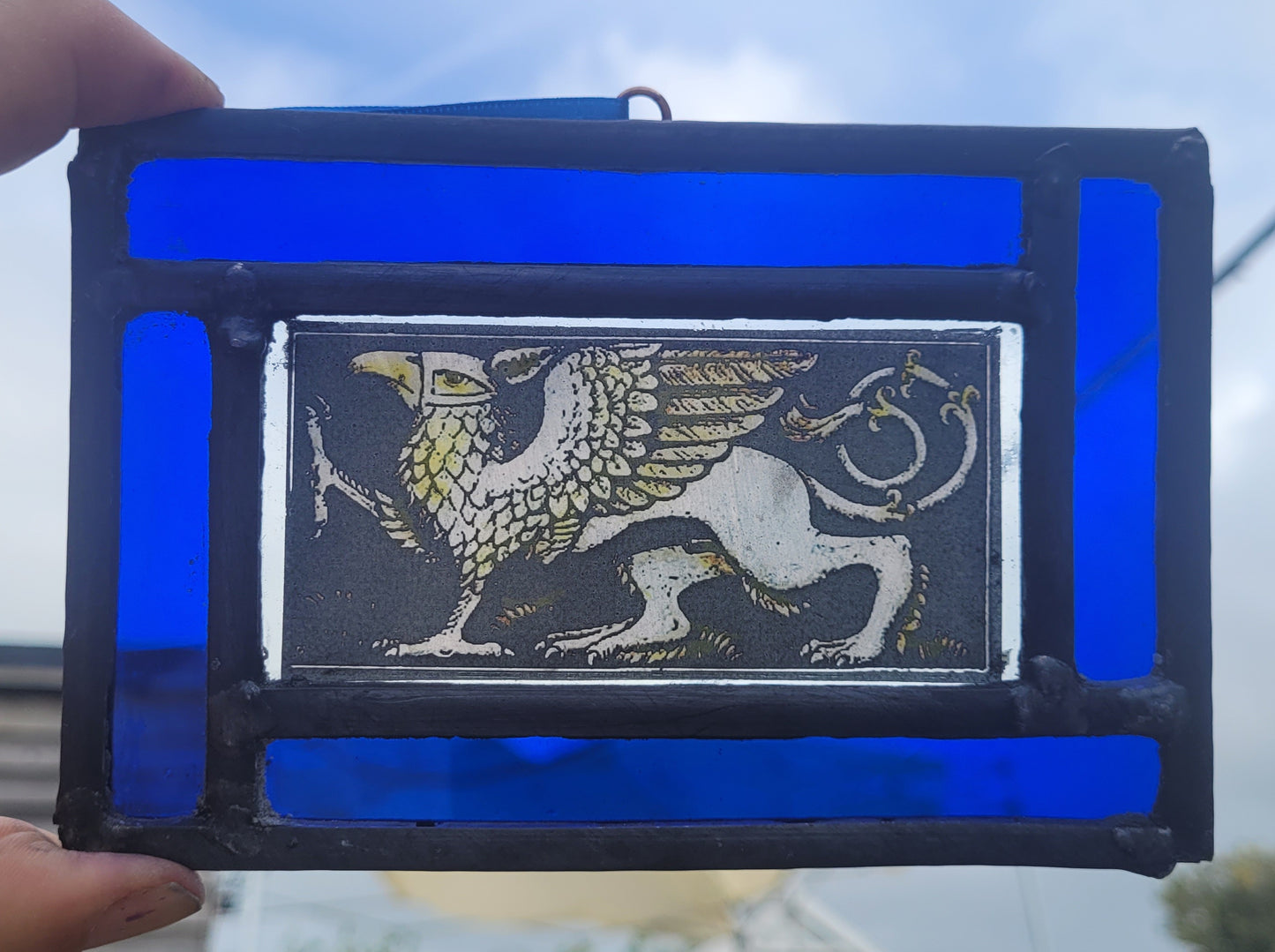 Griffin stained glass panel traditionally made blue border - gryphon fantasy art