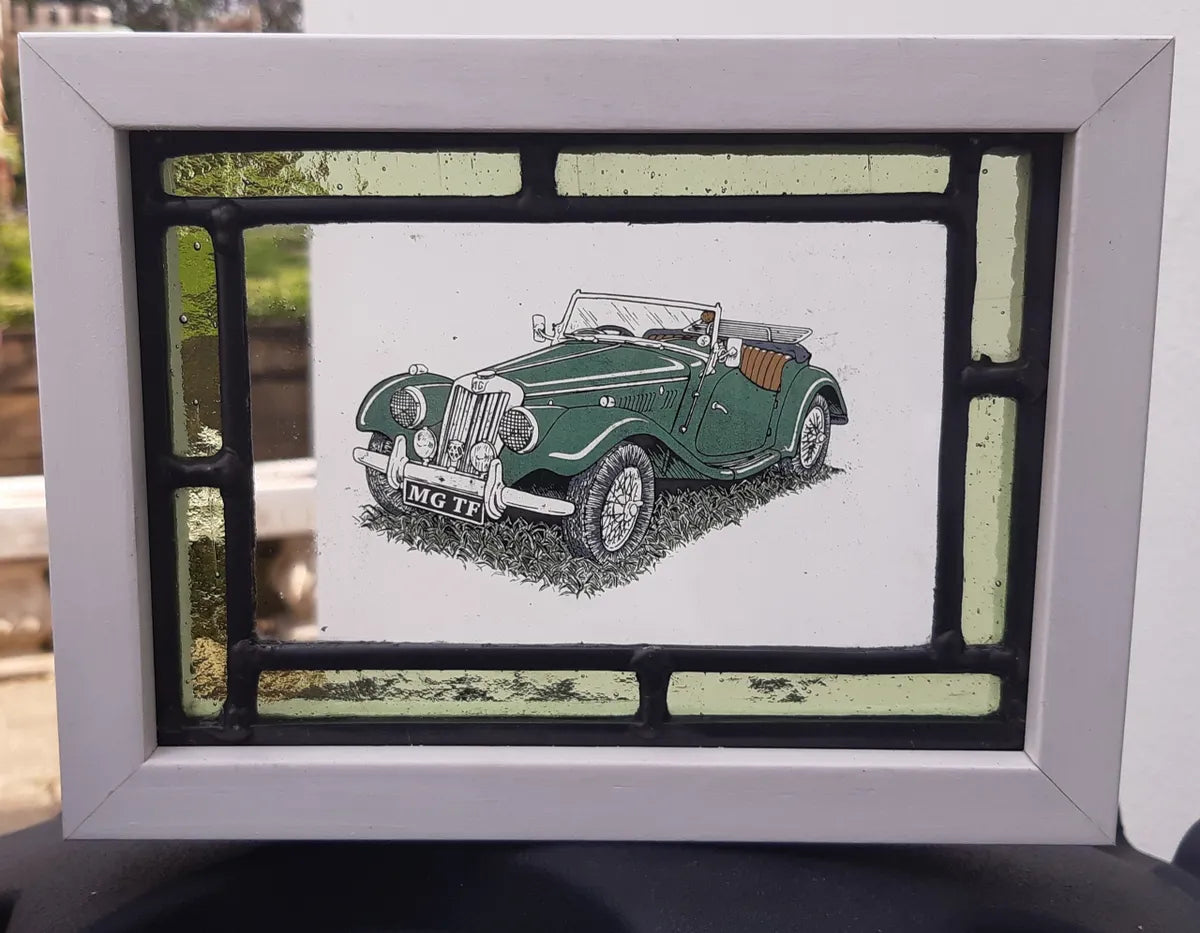 MG TF car Stained Glass panel framed - classic cars