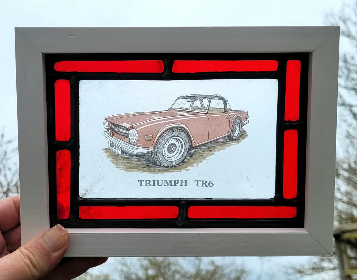 Triumph TR6 car Stained Glass panel framed - classic cars