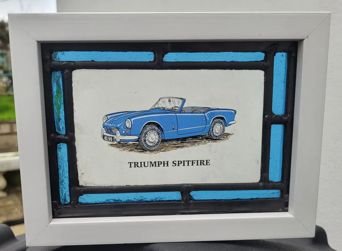 Triumph Spitfire car Stained Glass panel framed - classic cars