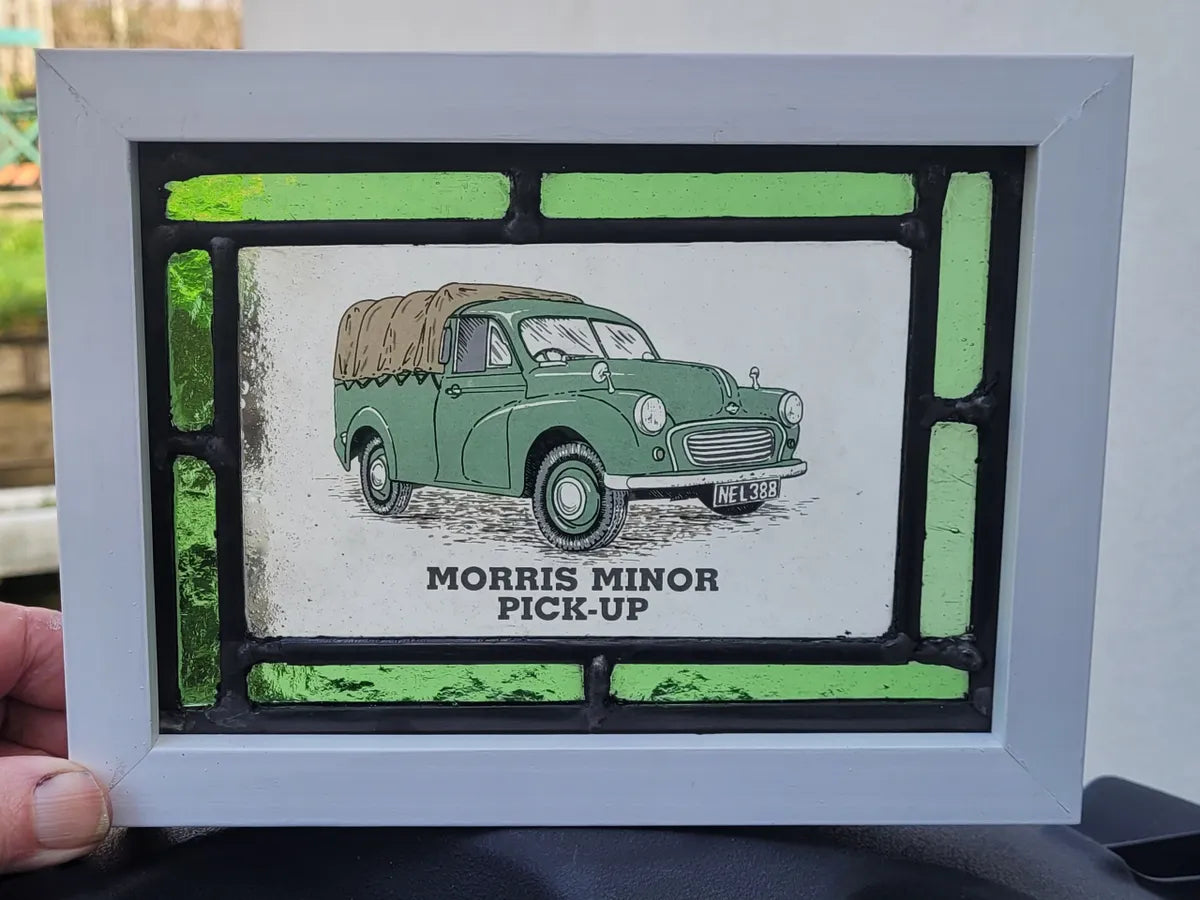 Morris Minor Pick Up Stained Glass panel framed - classic cars