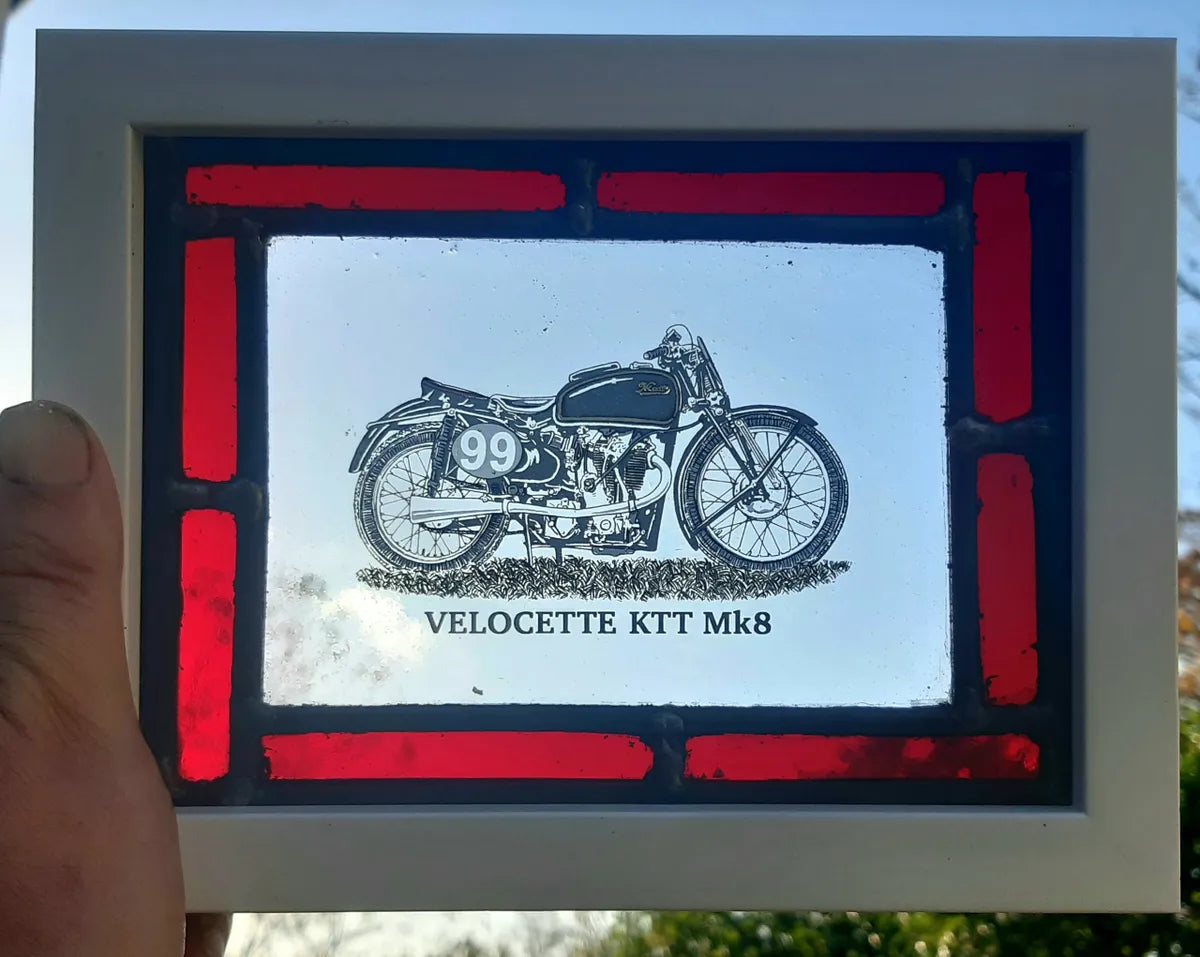 Velocette KTT motorcycle Stained Glass panel framed - classic motorbike
