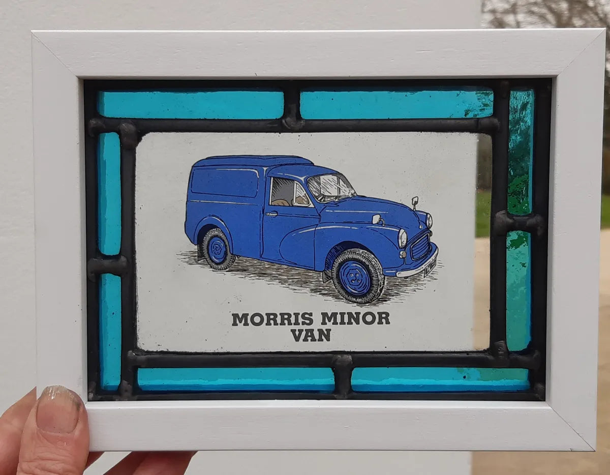 Morris Minor Van Stained Glass panel framed - classic cars