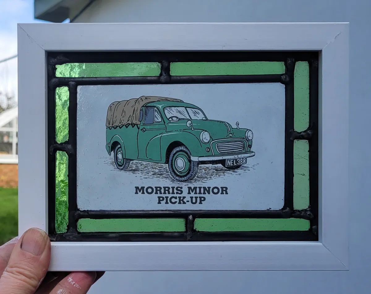 Morris Minor Pick Up Stained Glass panel framed - classic cars