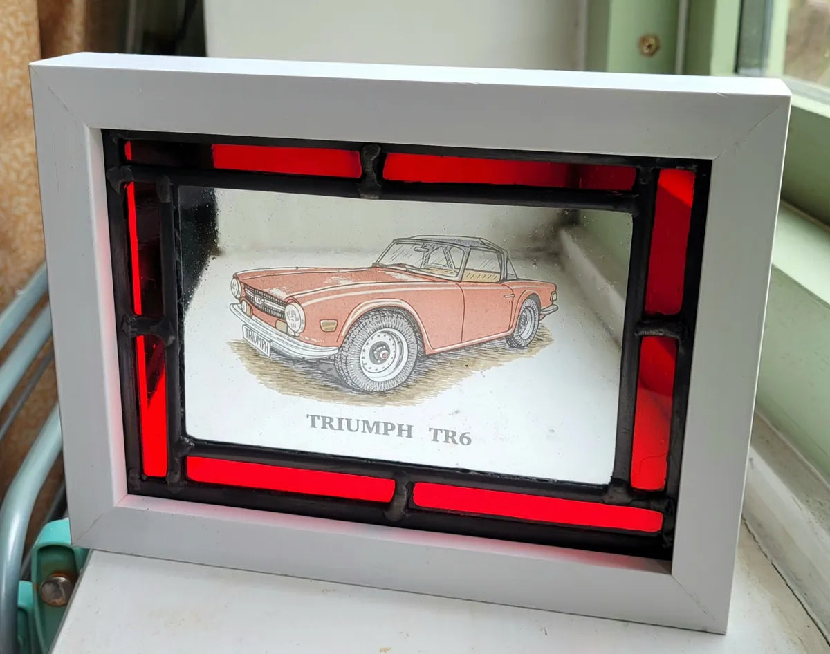 Triumph TR6 car Stained Glass panel framed - classic cars