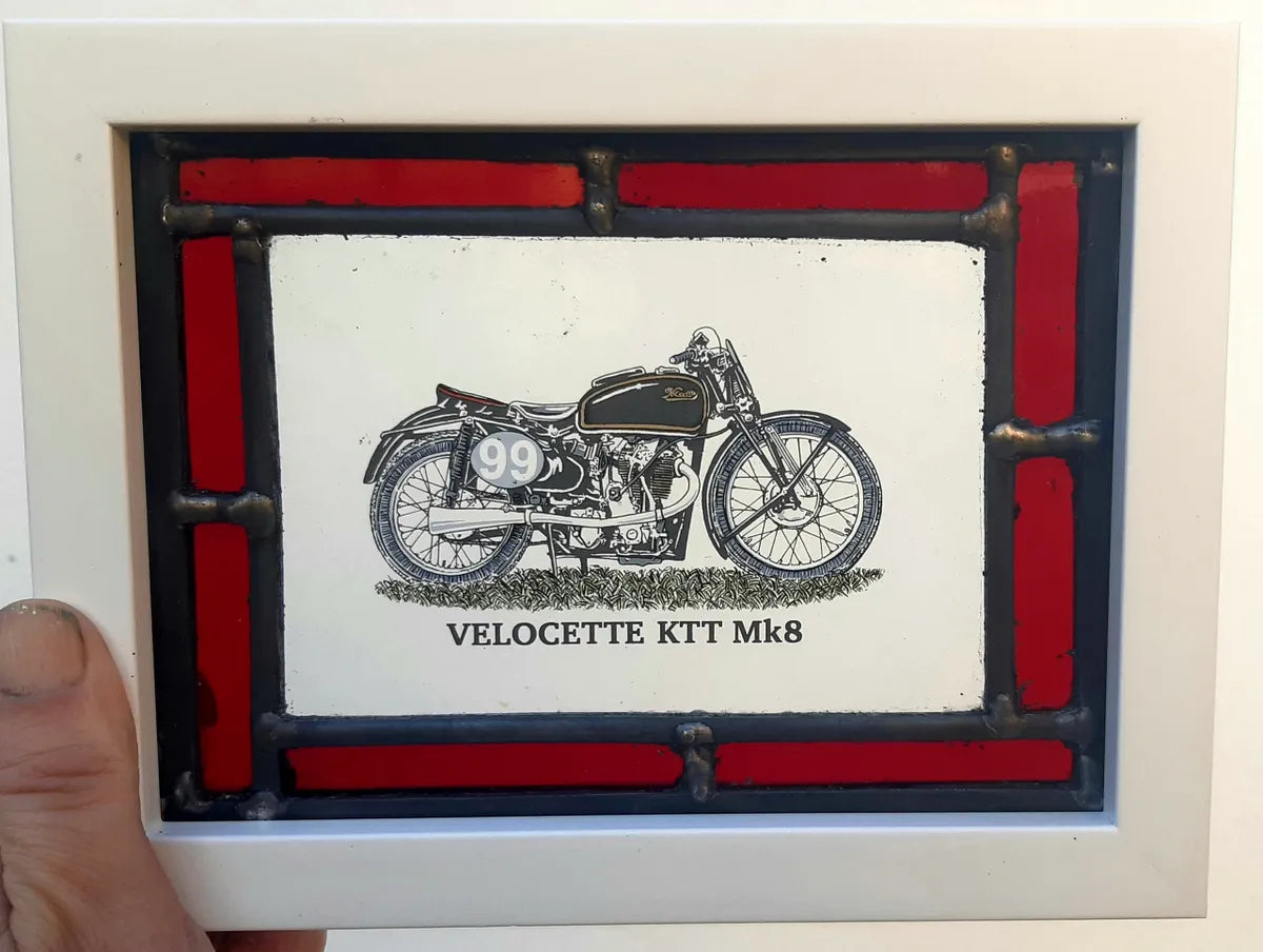 Velocette KTT motorcycle Stained Glass panel framed - classic motorbike