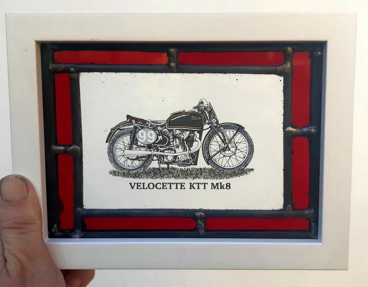 Velocette KTT motorcycle Stained Glass panel framed - classic motorbike