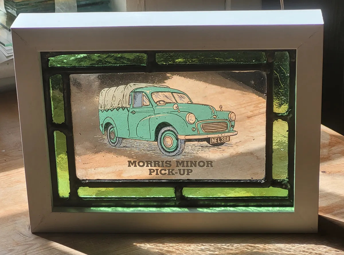 Morris Minor Pick Up Stained Glass panel framed - classic cars