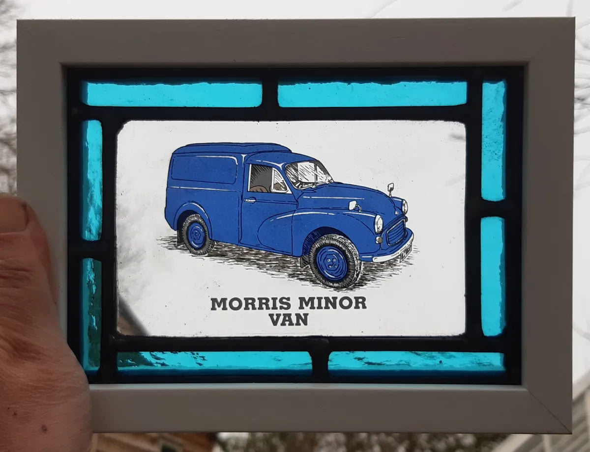 Morris Minor Van Stained Glass panel framed - classic cars