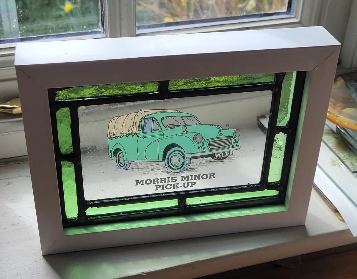 Morris Minor Pick Up Stained Glass panel framed - classic cars