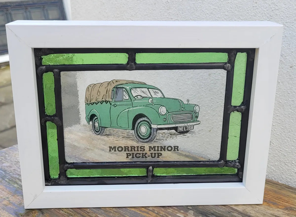 Morris Minor Pick Up Stained Glass panel framed - classic cars