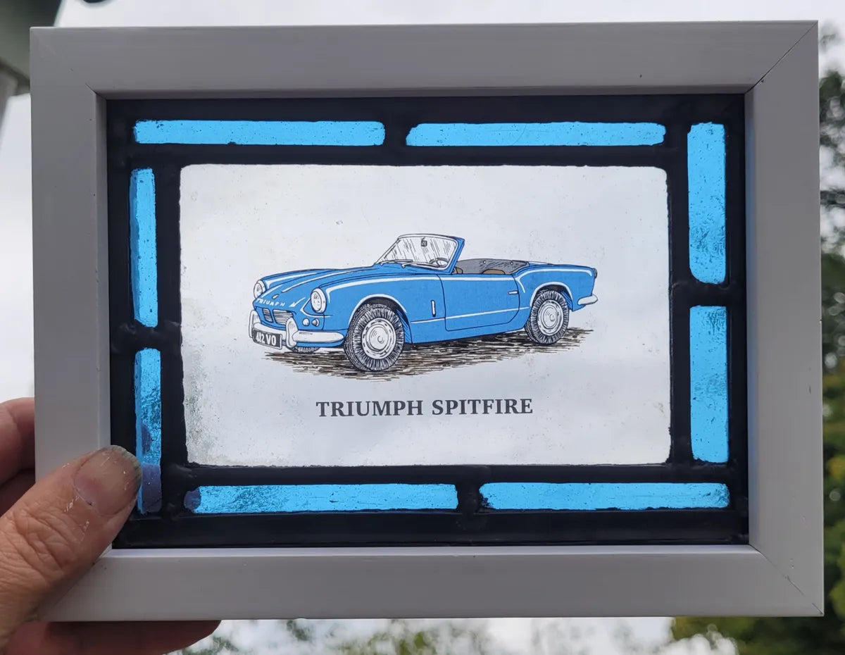 Triumph Spitfire car Stained Glass panel framed - classic cars