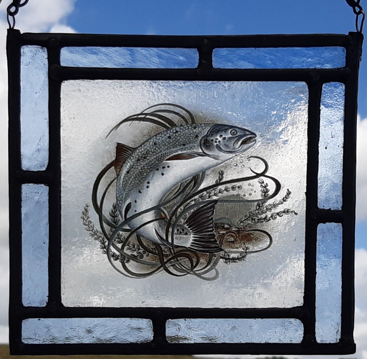 Salmon fish stained glass panel
