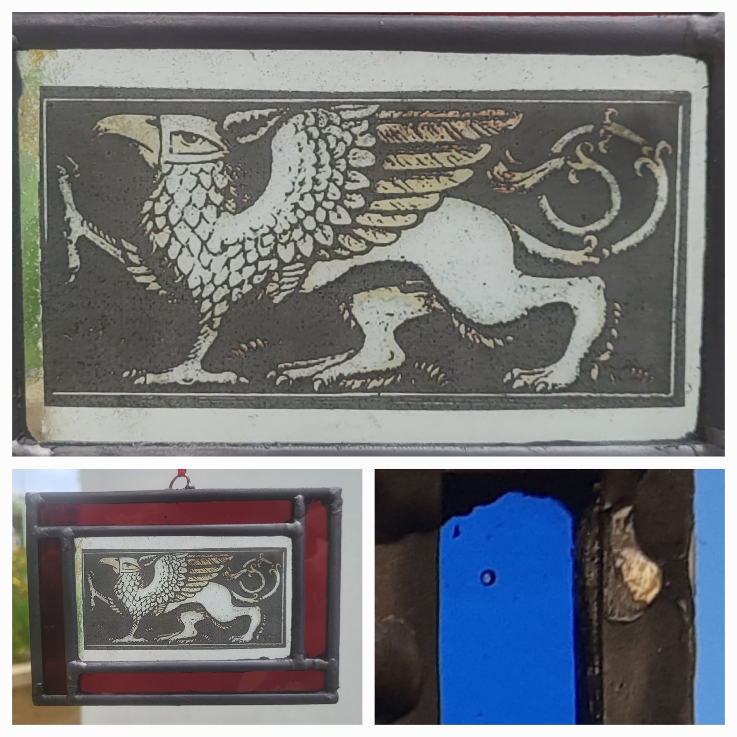 Griffin stained glass panel traditionally made  blue border - gryphon fantasy art