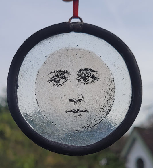 Hanging stained glass moon face panel traditionally made -  fantasy art