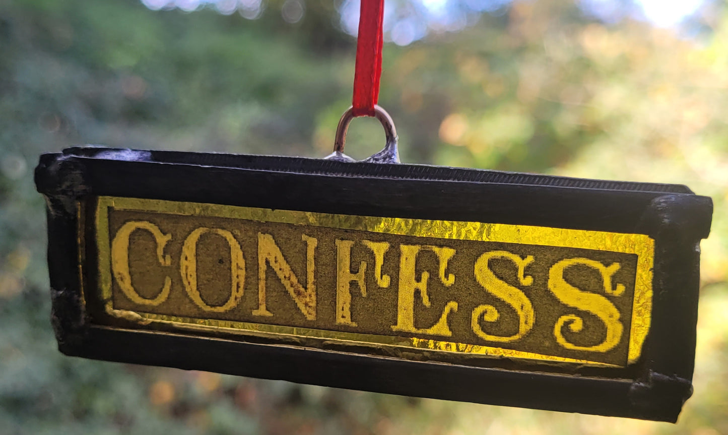 Stained glass "Confess" small hanging suncatcher panel traditionally made