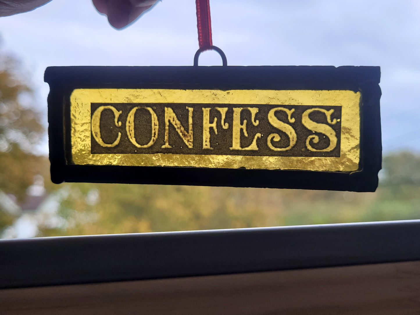 Stained glass "Confess" small hanging suncatcher panel traditionally made