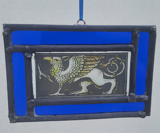 Griffin stained glass panel traditionally made  blue border - gryphon fantasy art