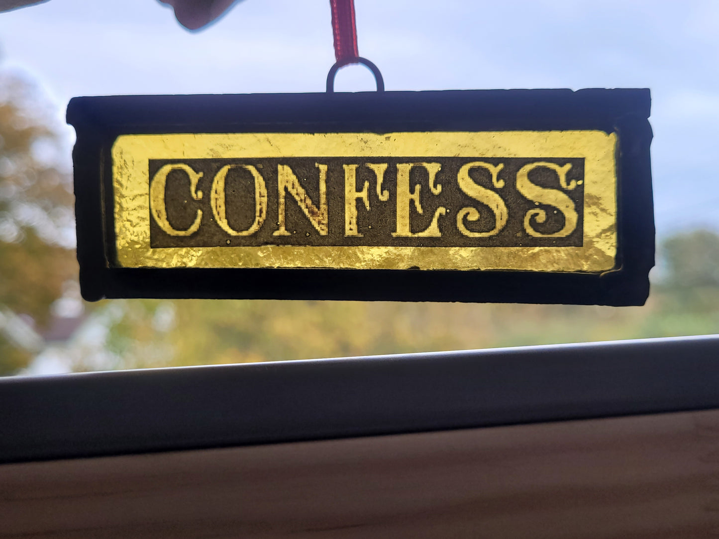 Stained glass "Confess" small hanging suncatcher panel traditionally made