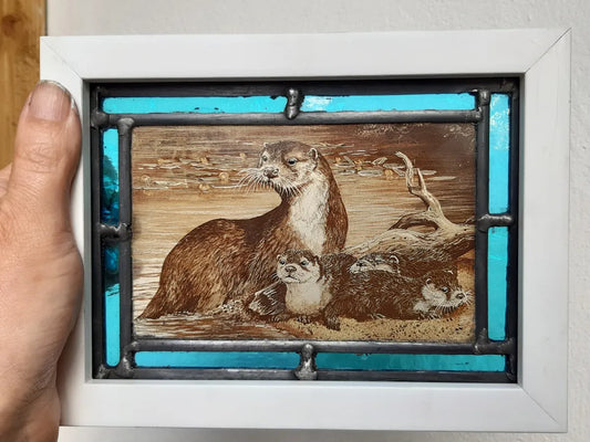 Otters stained glass panel framed