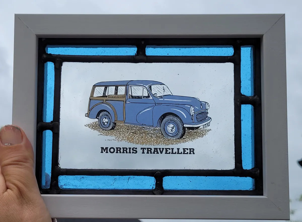 Morris Minor Traveller Stained Glass panel framed - classic cars