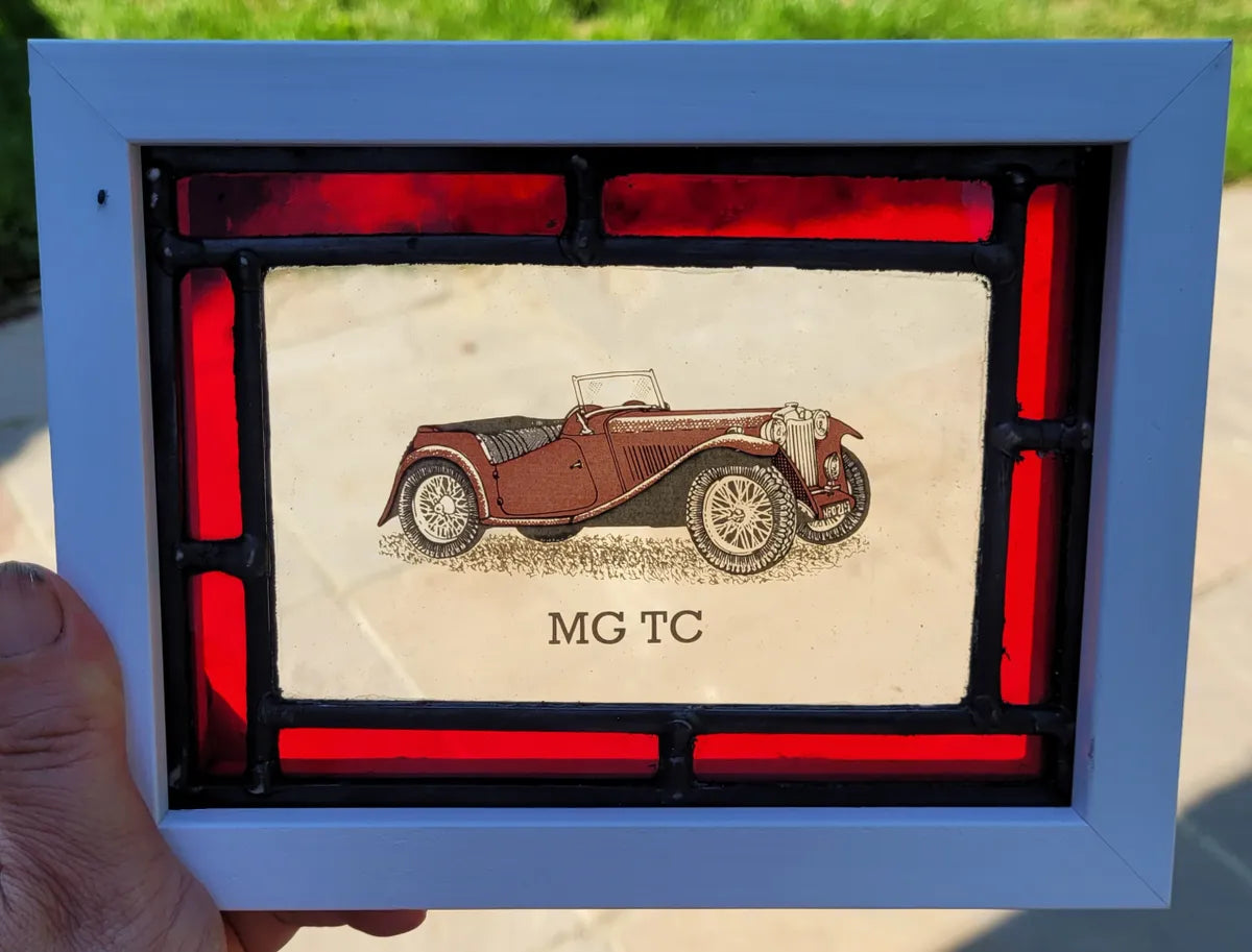 MG TC Stained Glass panel framed - classic cars