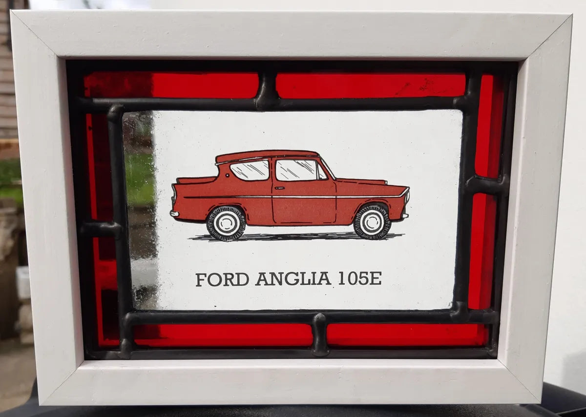 Ford Anglia Stained Glass panel framed - classic cars