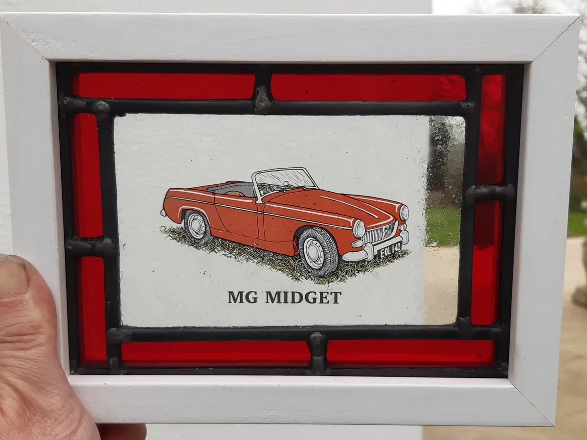 MG Midget Stained Glass panel framed - classic cars