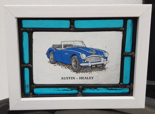 Austin Healey Stained Glass panel framed - classic cars