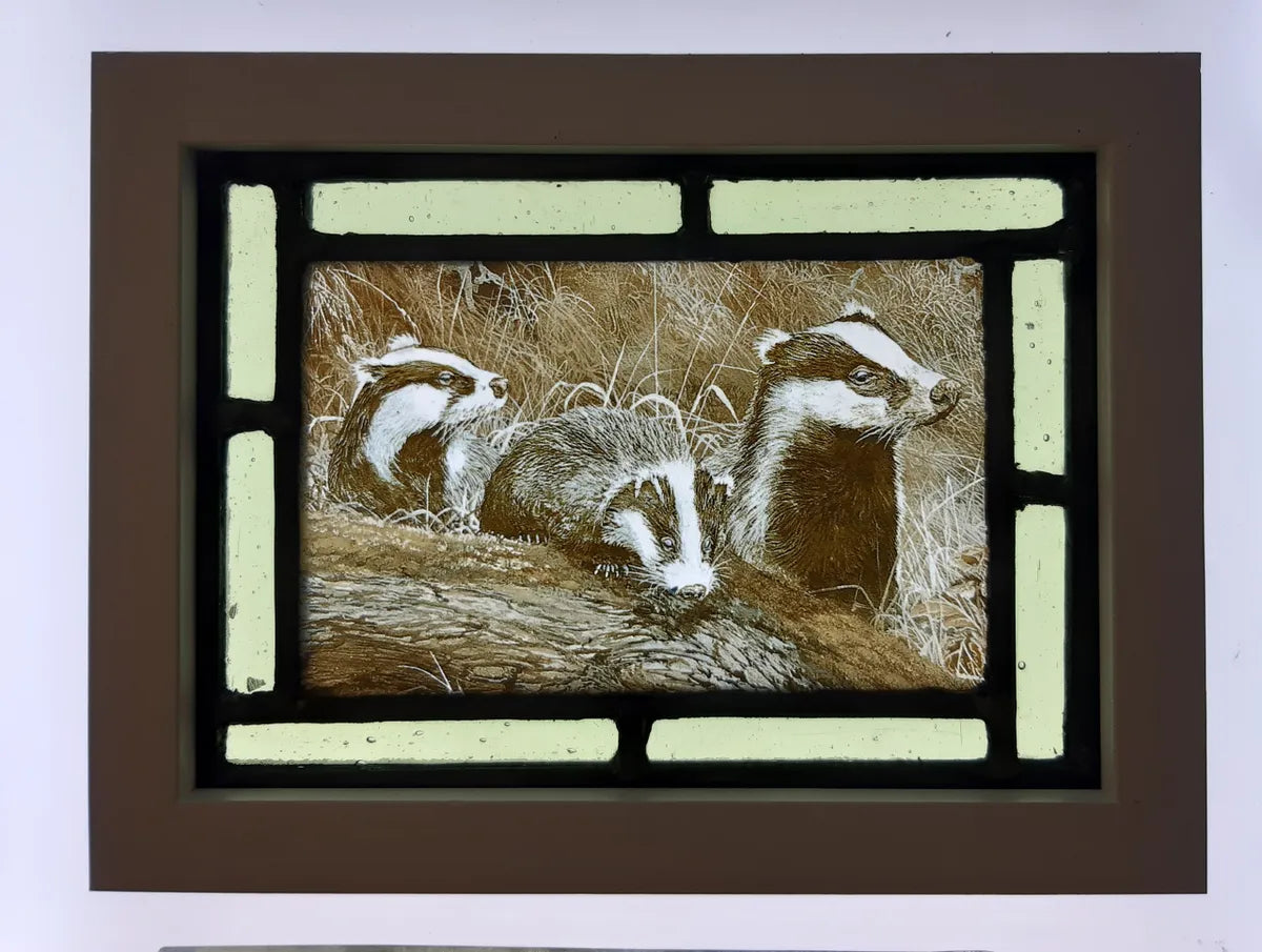 Badger stained glass panel framed