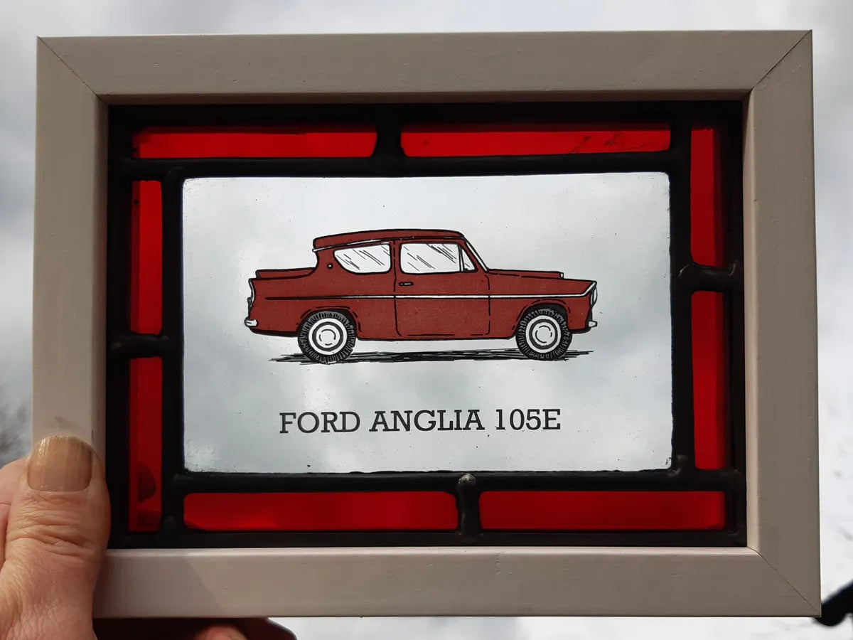 Ford Anglia Stained Glass panel framed - classic cars