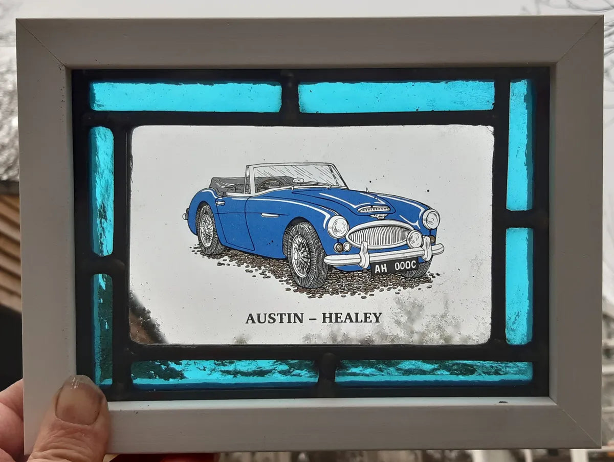 Austin Healey Stained Glass panel framed - classic cars