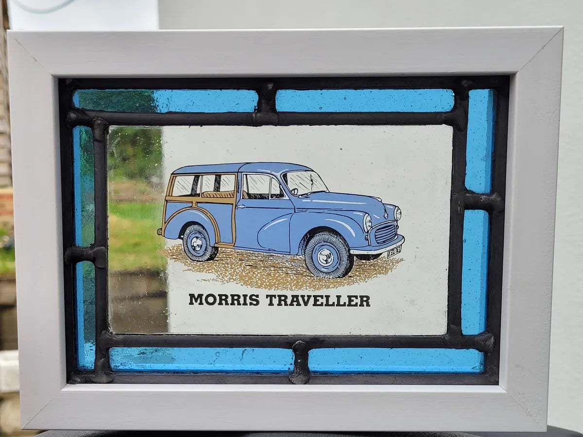 Morris Minor Traveller Stained Glass panel framed - classic cars