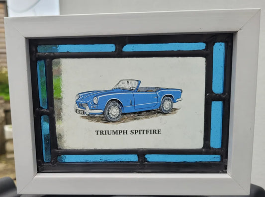 Triumph Spitfire car Stained Glass panel framed - classic cars