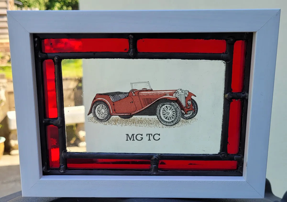 MG TC Stained Glass panel framed - classic cars