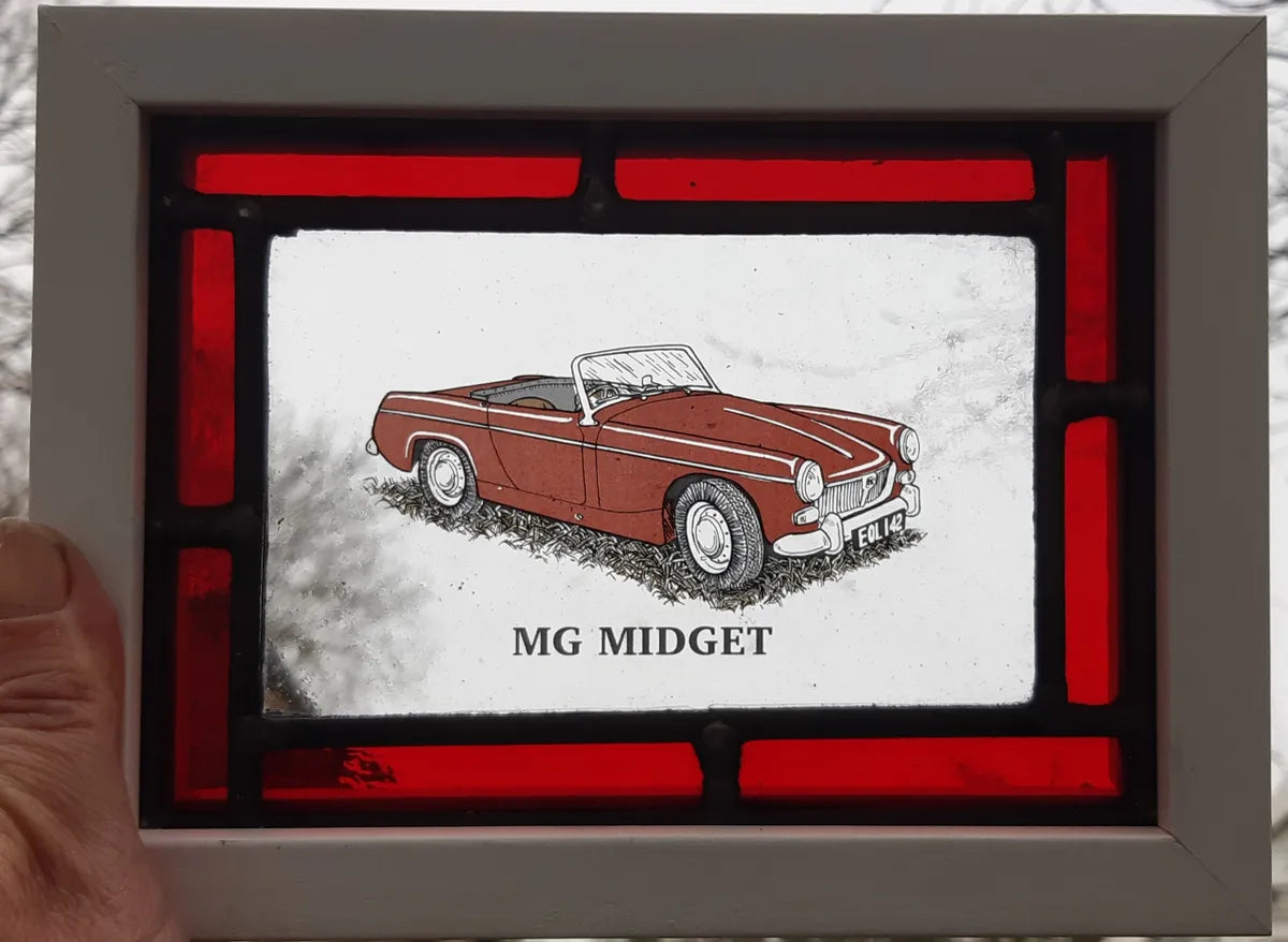 MG Midget Stained Glass panel framed - classic cars