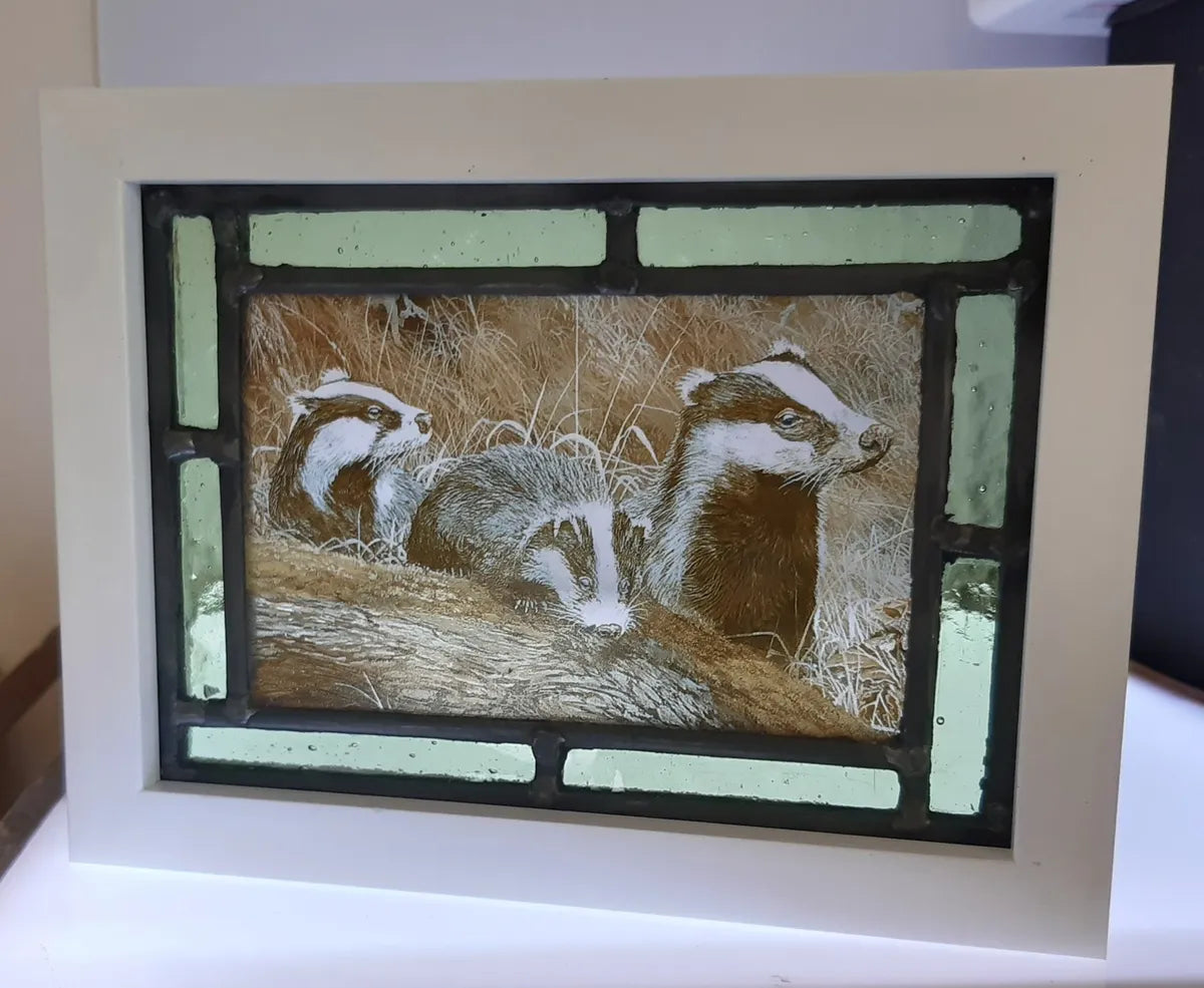 Badger stained glass panel framed