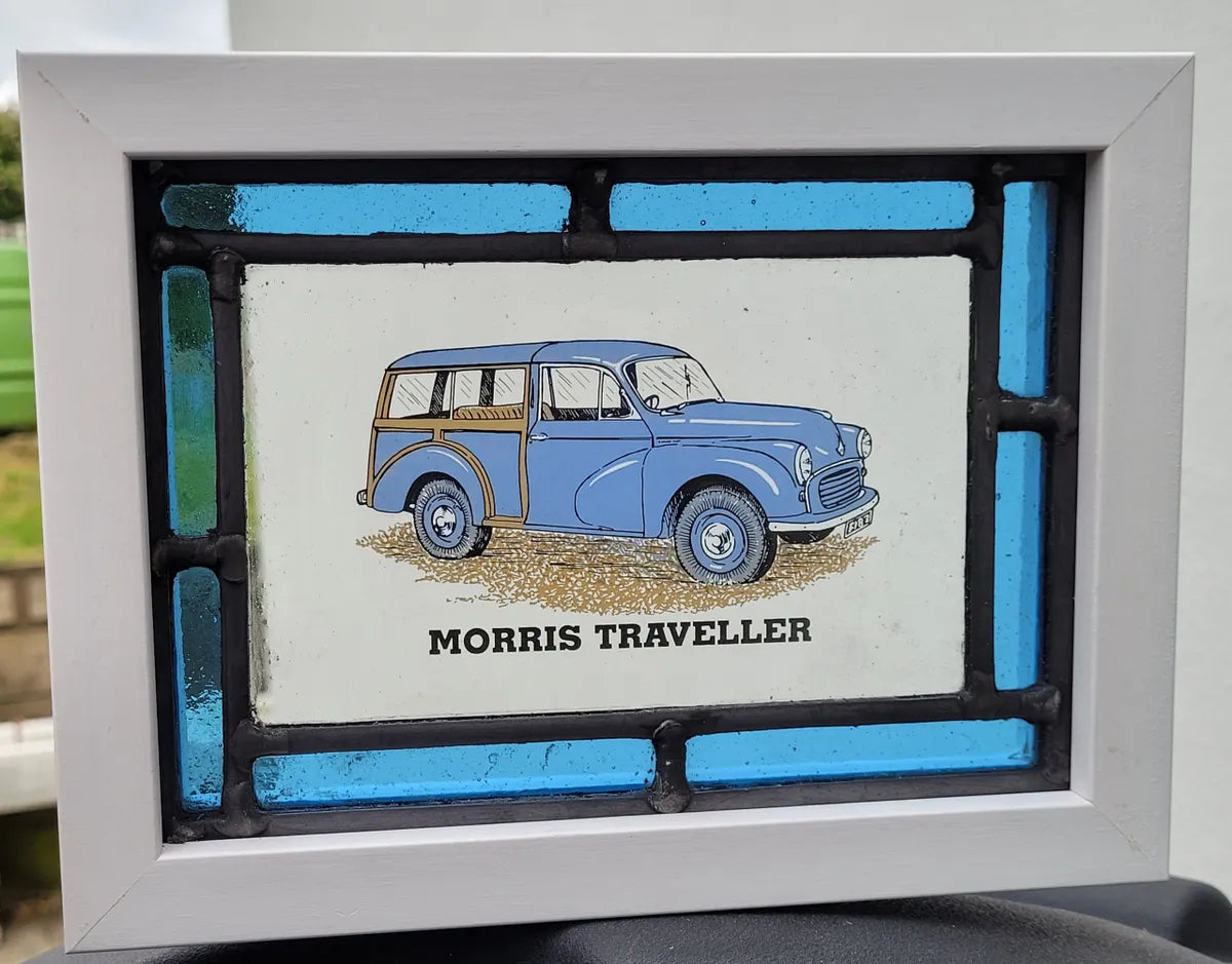 Morris Minor Traveller Stained Glass panel framed - classic cars