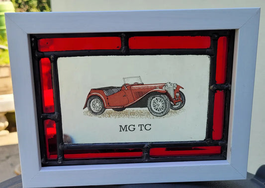 MG TC Stained Glass panel framed - classic cars