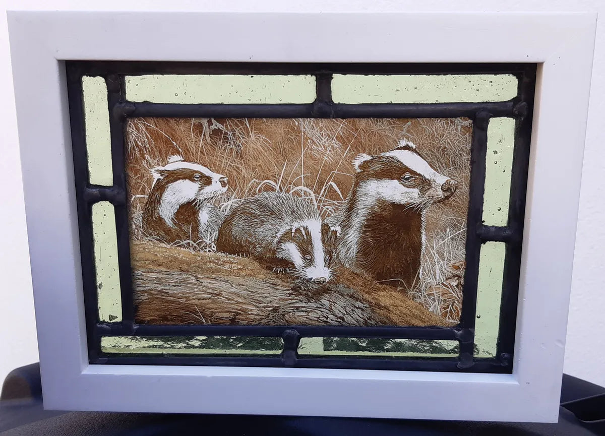 Badger stained glass panel framed