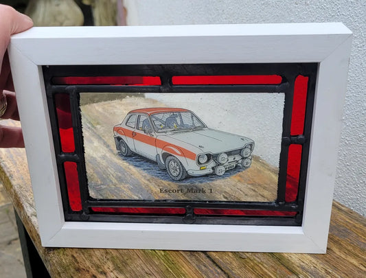 Ford Escort MK 1  Stained Glass panel framed - classic cars rally version