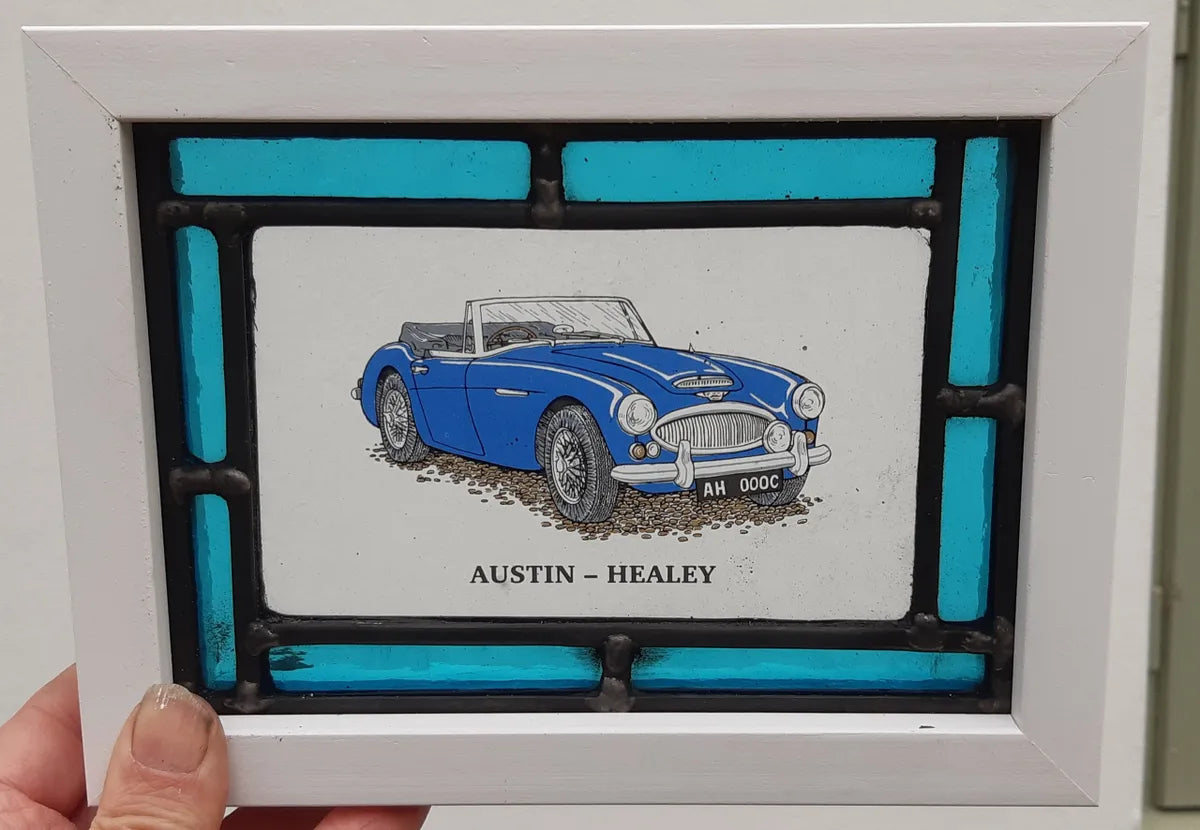 Austin Healey Stained Glass panel framed - classic cars