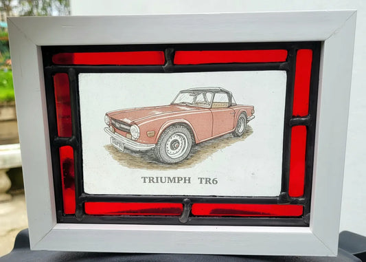 Triumph TR6 car Stained Glass panel framed - classic cars