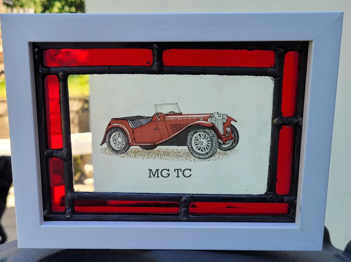 MG TC Stained Glass panel framed - classic cars