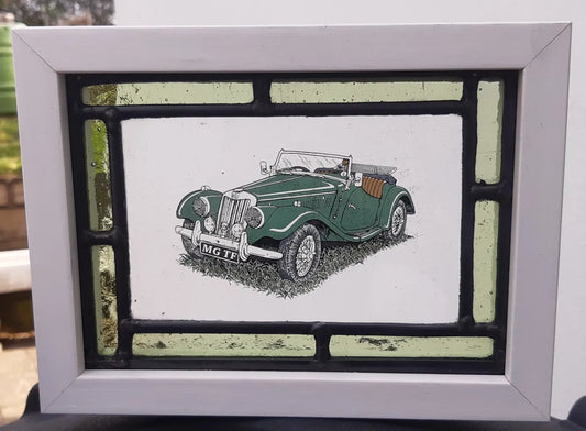 MG TF car Stained Glass panel framed - classic cars