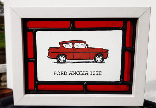 Ford Anglia Stained Glass panel framed - classic cars