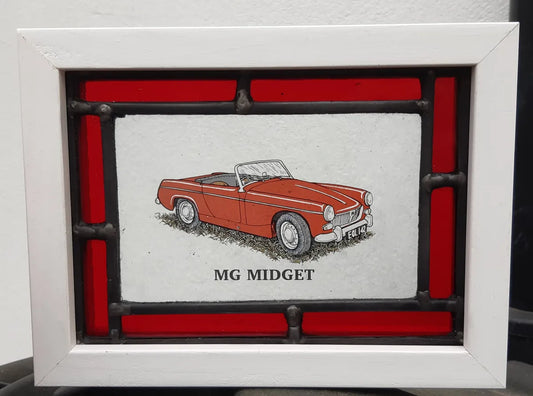 MG Midget Stained Glass panel framed - classic cars